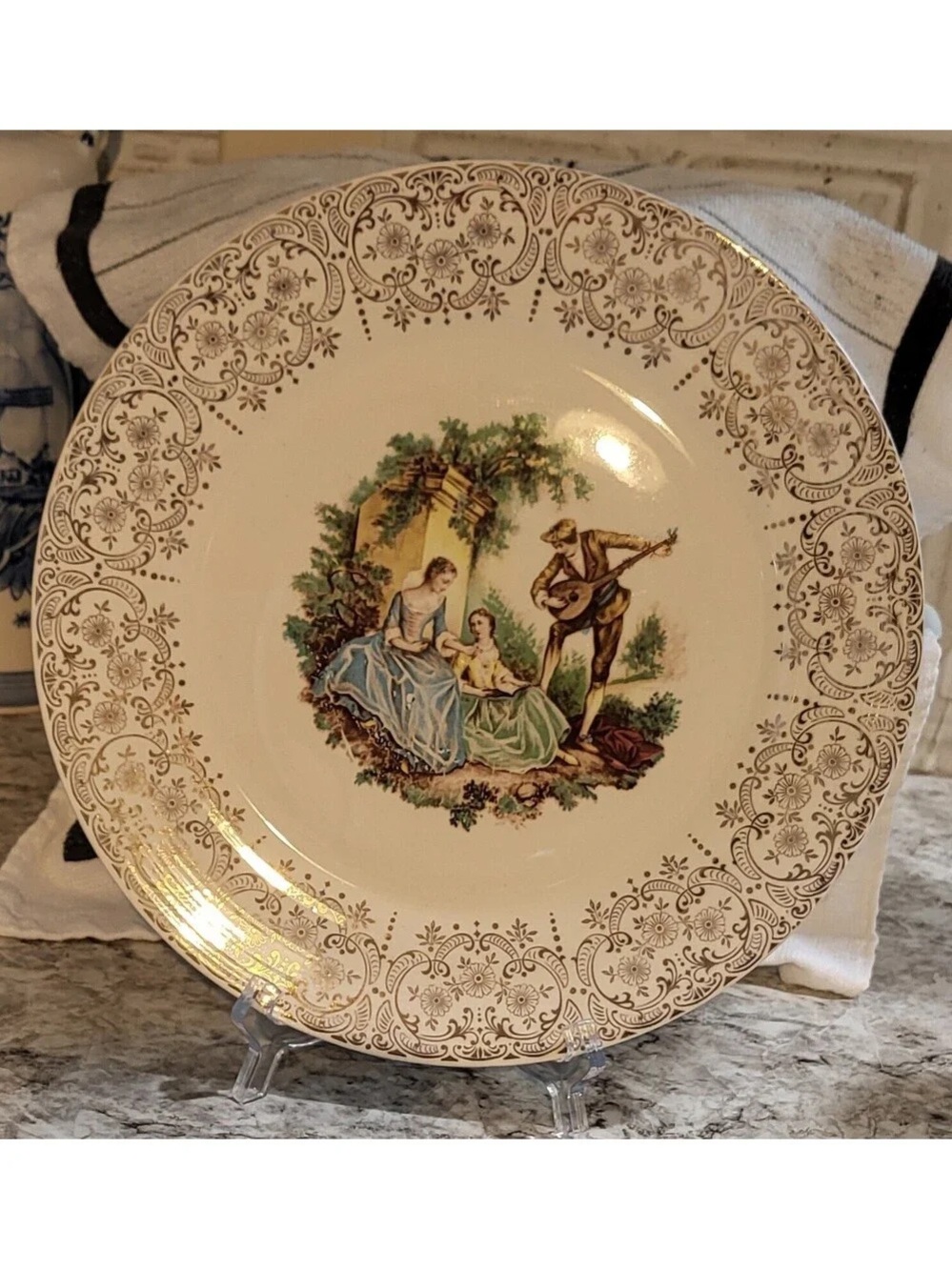 Ornate Cream Decorative Plate with Multicolor Pastoral Scene